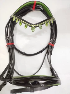 Crank Leather Bridle Green Stylish Crystal Brow-band With Green Softy Padding. - Picture 1 of 5