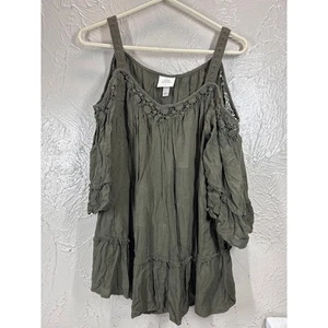 Knox Rose Womens Olive Green Prairie Boho Cold Shoulder 3/4 Sleeve Top Large - Picture 1 of 4