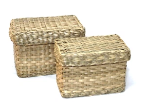 Natural Woven Sea Grass Basket Boxes Rectangle Nesting Lidded Set 2 - Picture 1 of 5