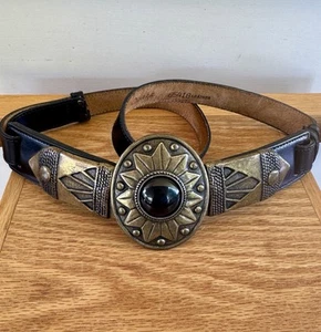 Omega Genuine Leather Belt Brass Black Onyx Medallion Women’s Statement Boho 30” - Picture 1 of 12