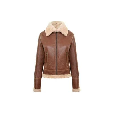 Chaqueta de cuero forrada de piel de oveja marrón cálida para mujer Foto 1 de 4