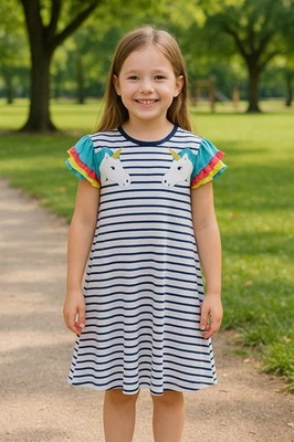 Vestido Mini Boden Niñas Etiqueta 8-9 años Se Ajusta a 7-8 años Rayas Unicornio Apliques Elastizados Foto 1 de 4