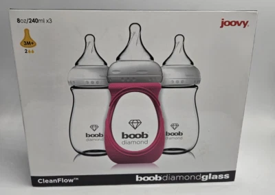 3 NEW Joovy CleanFlow Boob Diamond Glass Baby Bottles 8oz With Pink Sleeve 2179 - Image 1 of 4