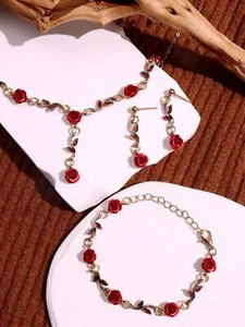 4pcs/Set Vintage French Style Red Rose Flower Shaped Bracelet & Earrings Set For - Picture 1 of 12