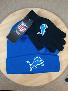 ❄️ Detroit Lions Knit Winter Hat Cap Beanie & Gloves Set Blue & Black Adult NFL