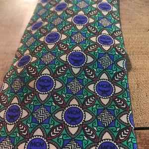 MCM Logo Mens Tie 100% Silk Purple Green Red Brown Floral - Picture 1 of 5