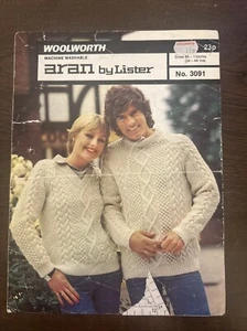 LADIES MENS ARAN V & ROUND NECK CABLE JUMPER 34”-44" VTG KNITTING PATTERN 3091 - Picture 1 of 2