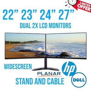Dual Dell HP PLANAR 22" 23" 24" 27" LCD Widescreen Monitor w/ Stand Cable 1080p