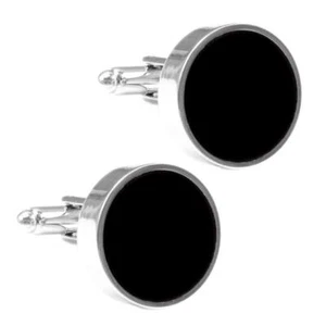 BLACK ROUND CUFFLINKS Classic Design Enamel NEW w GIFT BAG Wedding Groom Tuxedo - Picture 1 of 3