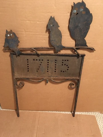Antique House Front Number Sign Wrought Iron Owl Halloween Glass PA Dutch ?? Cover