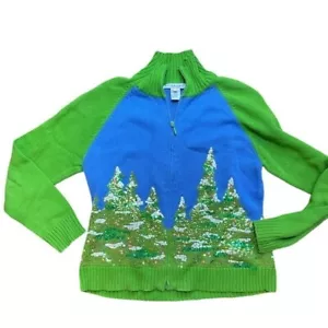 Bellepointe Cardigan Pine Trees Sequins Blue Green Zip Wearable Art Sz Large VTG - Picture 1 of 12