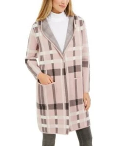 MSRP $160 Charter Club Petite Plaid Hooded Coat Pink Size Petite Large (TORN) - Picture 1 of 2