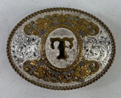 CRUMRINE "T" Letra Inicial Monograma Vintage Plateado Hebilla de Cinturón Occidental Foto 1 de 4