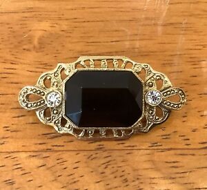 Brooch Gold Colored Filagree Pin Back, Black and Clear Rhinestones 1-1/2 in