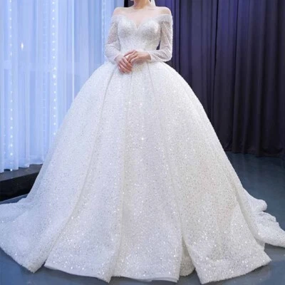 Elegant Off-Shoulder Sequin Beaded Wedding Dress – Long Sleeve Bridal Gown - Image 1 of 4