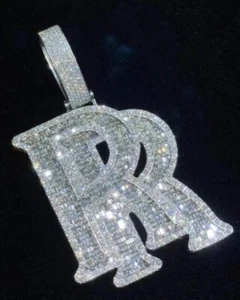 'RR' Letter Baguette Cut Simulated Diamond Custom Pendant 14K White Gold Plated - Picture 1 of 8