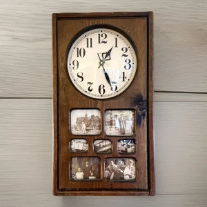 Vecchio orologio vintage in legno con inserto fotografico funzionante - 22,5 x 12,5 x3,35 pollici anni 60 - Foto 1 di 3