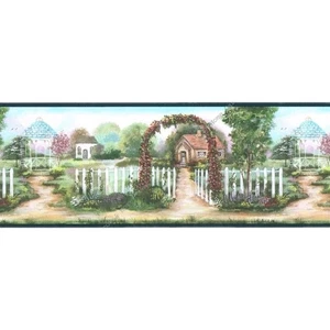 Country Garden Arbor Cottage Gazebo White Picket Fence Blue Wallpaper Border 6"H - Picture 1 of 5