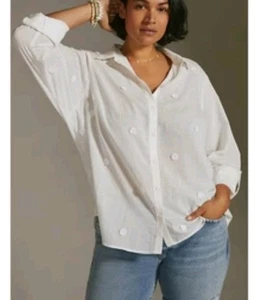Maeve Anthropologie weißes gewebtes Button-Down-Hemd Muschel-Applikation Übergröße 16W - Bild 1 von 11
