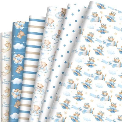 Papel de envolver para baby shower de 12 hojas -no rollo - envoltura de regalo de oso azul acuarela... Foto 1 de 4