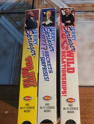 Lot 3 Jerry Springer VHS Tapes Too HOT For TV, Secrets Surprises, Wild Relations - Image 1 of 4