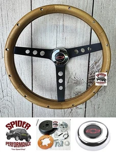 1953-1954 BEL AIR 210 150 wood steering wheel RED BOWTIE 13 1/2" WALNUT BLK SPK - Foto 1 di 12