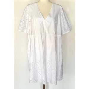Old Navy White Dress Eyelet Trim Boho Peasant Tunic Dress XL Puff Sleeve - Picture 1 of 17