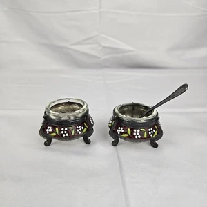 VTG 1ЮMMET Russian Silver Enamel Footed Salt Cellar Caviar Mustard Bowl Lot of 2 - Picture 1 of 15
