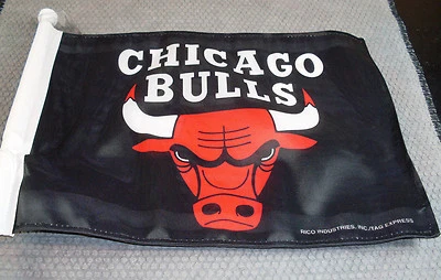 NBA Chicago Bulls Logo under Name on Black Window Car Flag by RICO Industries - Image 1 of 2