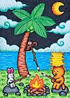 ACEO original art fantastique chat lapin singe palmier océan nuit lune étoiles