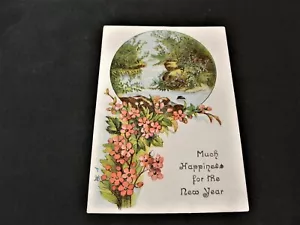 Tarjeta de canje Victorian Efhemera-Much Happiness for New Year, Flowers, Lake - S 1800. - Imagen 1 de 2