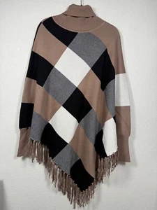 Poncho cappotto scialle donna 2XL maglia a quadri nappa, collo alto, maniche lunghe - Foto 1 di 14