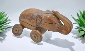 Vintage Wooden Elephant on Wheels Figurine Spice Box Original Old Hand Carved - Picture 1 of 7