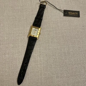 Vtg Visage 1121M Watch Women MOP Rectangle Gold Tone Black Leather Band NWT - Picture 1 of 8