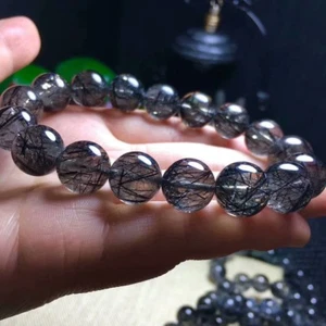 Natural Black Rutilated Quartz Crystal Beads Bracelet 9-10mm AAA - Picture 1 of 3