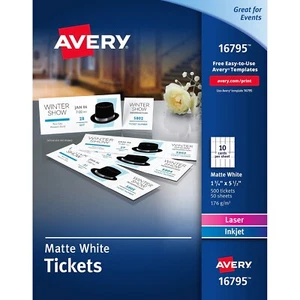 Avery Printable Tickets with Tear-Away Stubs Matte White 1.75" x 5.5" - Picture 1 of 1