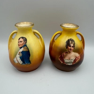 Vintage Napoleon and Josephine Portrait Vases Set of 2 Yellow Brown Gold Trim - Image 1 of 4