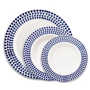 12-pc Dinner Set White Soup Dessert Plates Blue Dotted Circle Round Four Serving - Picture 1 of 9