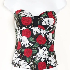 LA 1967 Calavera Rosas Bustier Pequeño Algodón Negro Rojo Cremallera Lateral - Imagen 1 de 5