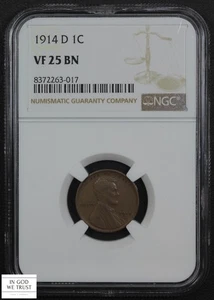 1914 D Lincoln Wheat Copper Cent 1C NGC VF 25 BN - Picture 1 of 5