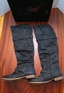 Women's Round Toe Low Flat Heel Buckle Slouchy Knee High Boot Shoe Size 9M - Picture 1 of 10
