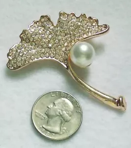 Striking Ginkgo Leaf Pin/Brooch Large Simulated Pearl & Pave Rhinestones GT NEW - Picture 1 of 5