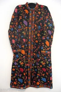 Lange Jacke Wolle schwarz mit mehrfarbiger Blumenstickerei Kaschmir Indien - Bild 1 von 4