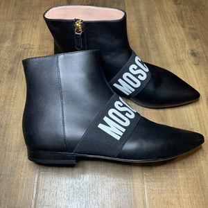 Moschino Logo Print Leather Ankle Bootie Women Boot 6 US 36EU Black ITALY NEW - Picture 1 of 6