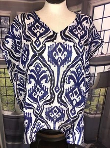 Chicos NWT S/M Washed IKAT Poncho Top Blue White Linen Top Small Medium MSRP $99 - Picture 1 of 11