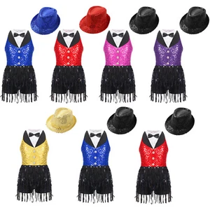 UK Girls Sequins Ballet Jazz Dance Dress Tassel Latin Hip Hop Rumba with Hat Set - Picture 1 of 69