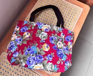 Beautiful Purple Yellow Rose Red Canvas Cotton with Linen Zipper Tote Lunch Bag - Picture 1 of 7