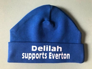 PERSONALISED HAT NEW BABY BOY/GIRLS Chelsea, Everton, Rangers shower gift beanie - Picture 1 of 3