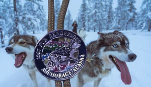 Vintage 1987 Fur Rendezvous Anchorage Alaska Pewter Bolo Tie Schlittenhund - Bild 1 von 4