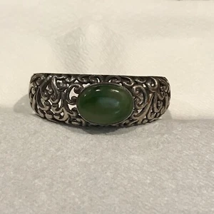 925 Baroque Scroll Silver Cuff Bracelet Jade Onyx Green Stone Estate Jewelry - Picture 1 of 7